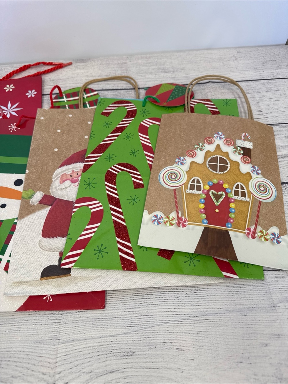 Christmas Gift Bags Bundle 6 Pieces Holiday Snowman Deer Red Green Candy Cane